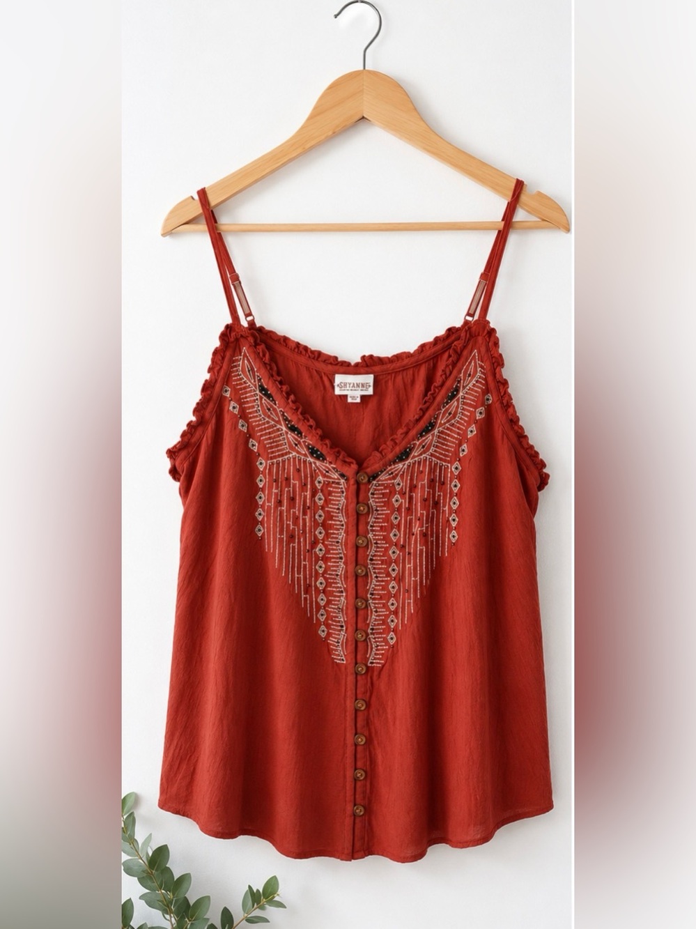Shyanne Rust Embroidered Beaded Boho Festival Tank Top Large